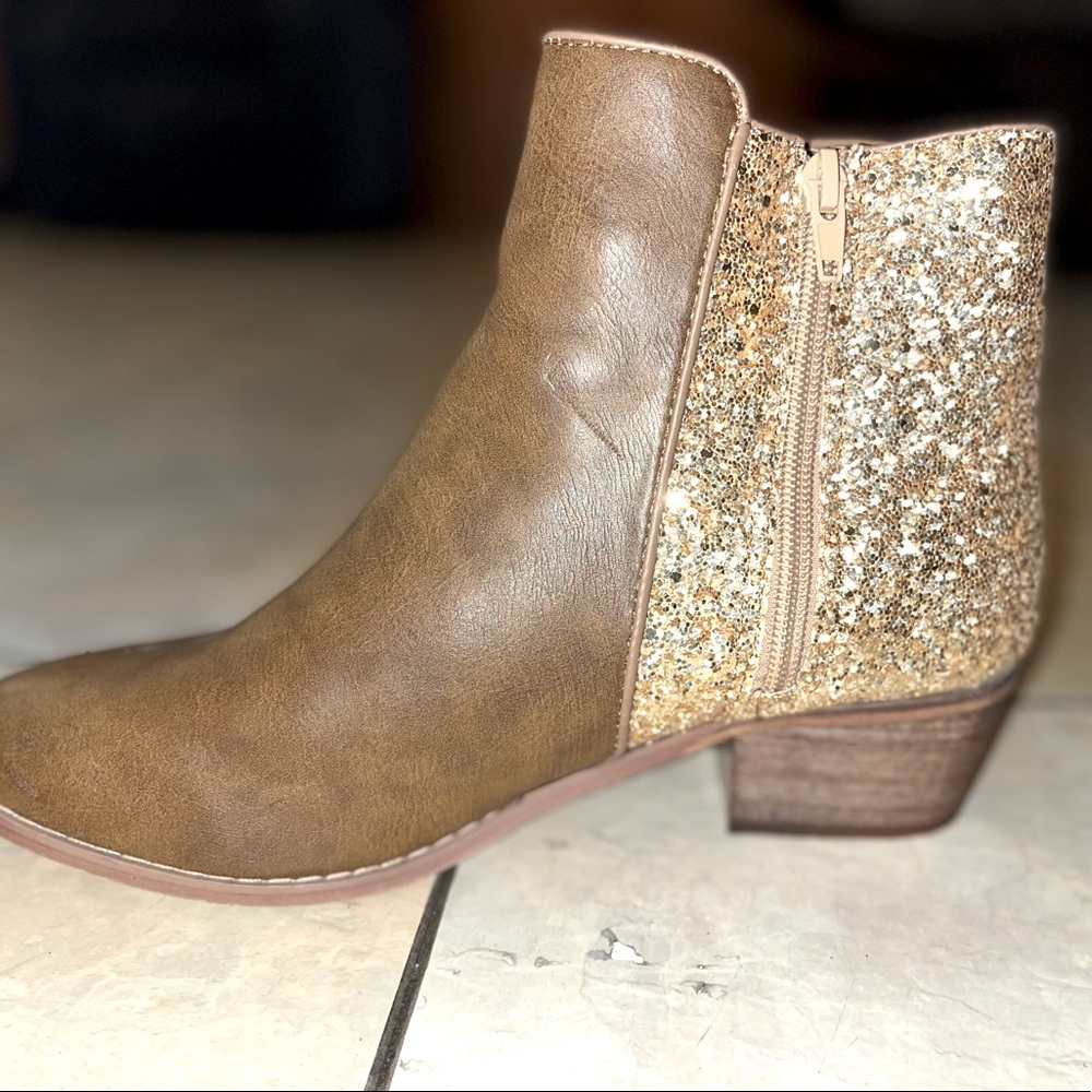 Gold sequin heel tan booties size 8